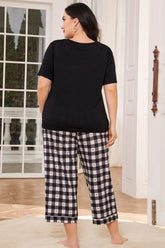 V-Neck Tee and Plaid Cropped Pants Lounge Set OutfitFlow